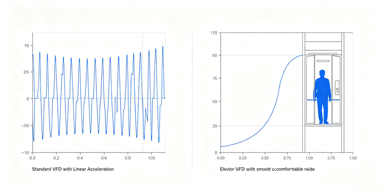 Comparison showing elevator VFD with S-curve control vs standard VFD with linear acceleration