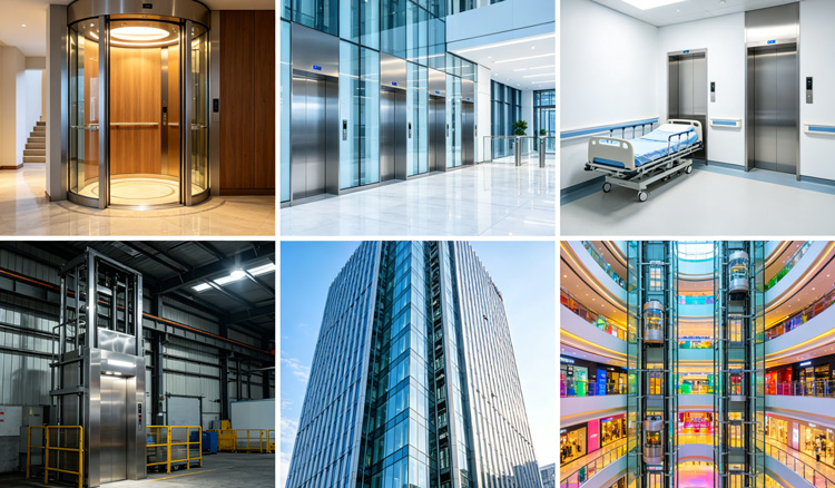 Six elevator application examples showing residential, commercial, hospital, freight, and high-speed installations