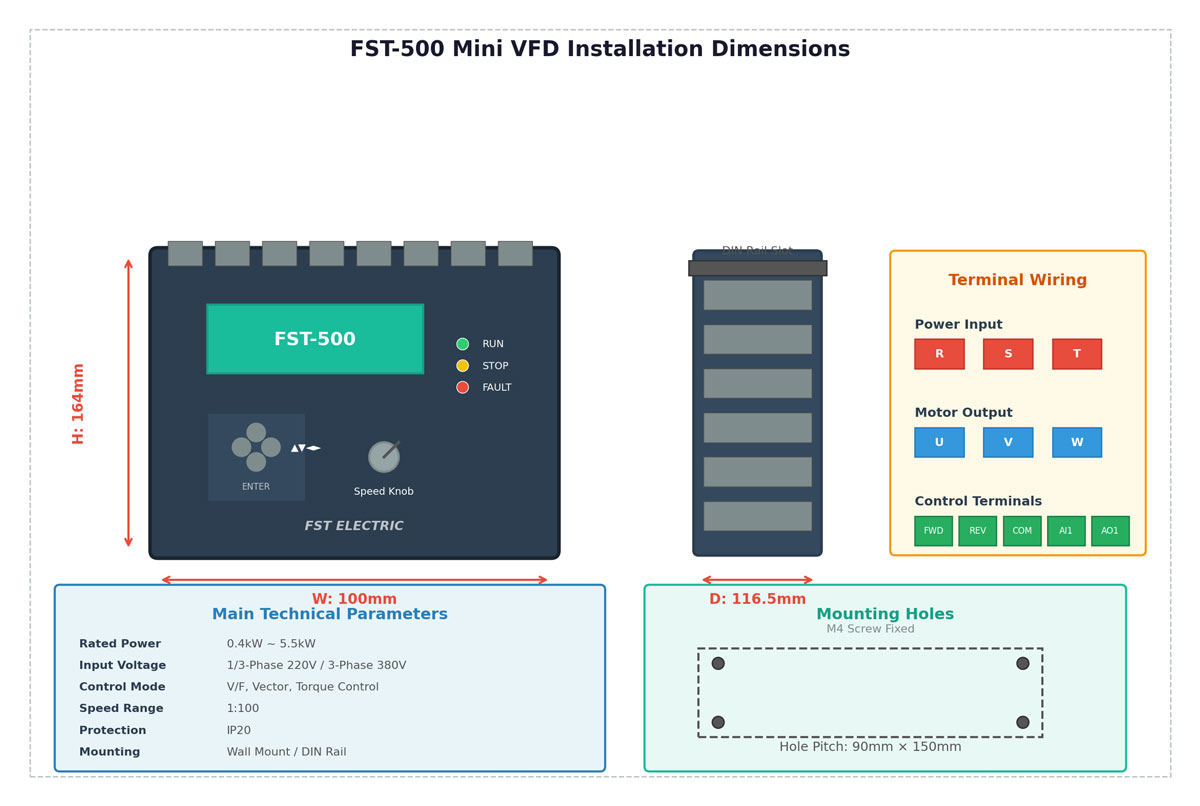 FST-500 mini VFD dimensions and wiring diagram